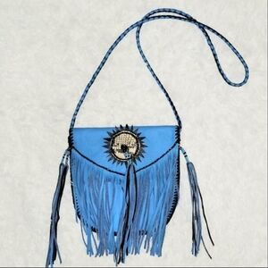 Genuine Leather Handmade Blue Fringe Crossbody Bag With Silver Skin Detail! NWOT